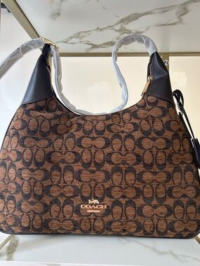 Coach Brown Signature Canvas Shoulder Bag with Dark Trim